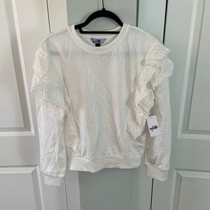 New white sweatshirt with lace ruffle detail